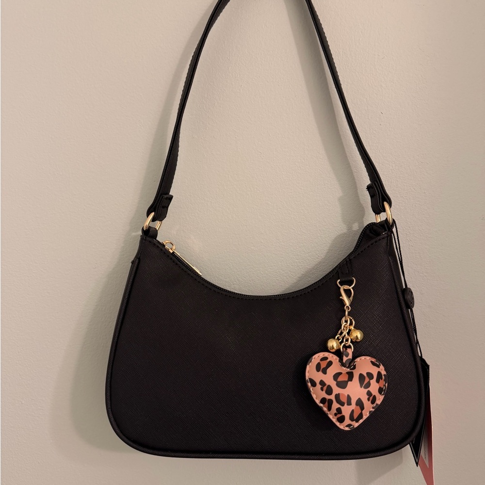 Sold!! Sleek Black Shoulder Bag with Leopard Heart Charm